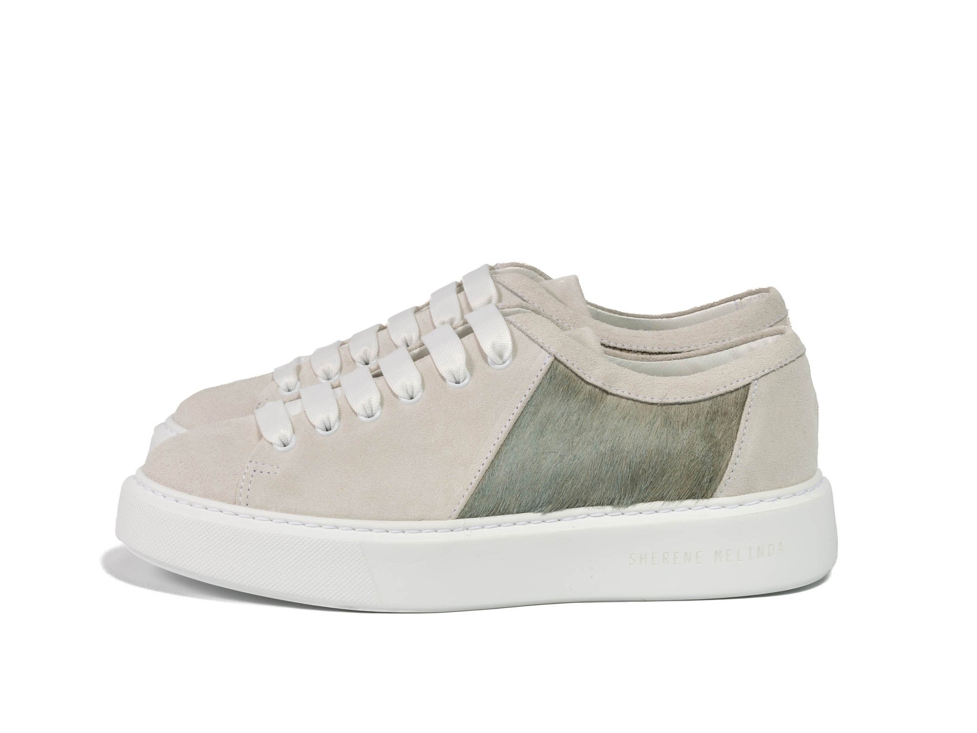 Dusty Baby Blue Hair-on-hide Trainer Model 001 in White Suede