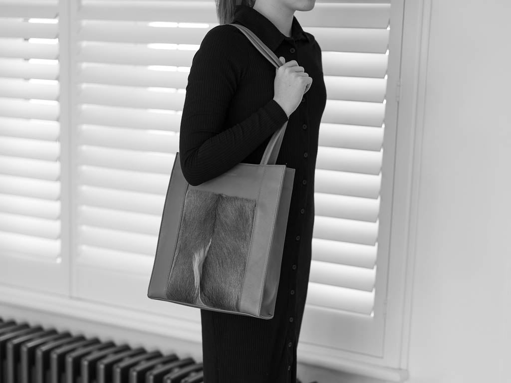Tote Springbok Handbag in Slate Grey with a fan feature by Sherene Melinda front handle