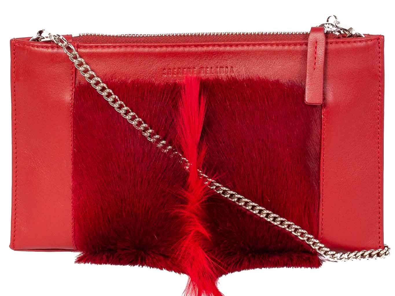 Clutch Springbok Handbag in Crimson Red with a fan feature by Sherene Melinda front strap