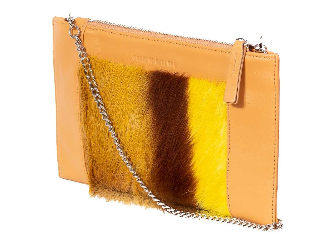 Clutch Springbok Handbag in Sunflower Yellow with a stripe feature by Sherene Melinda side angle strap