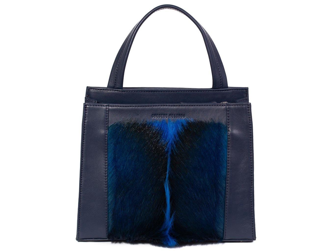 Top Handle Springbok Handbag in Navy Blue with a fan feature by Sherene Melinda front