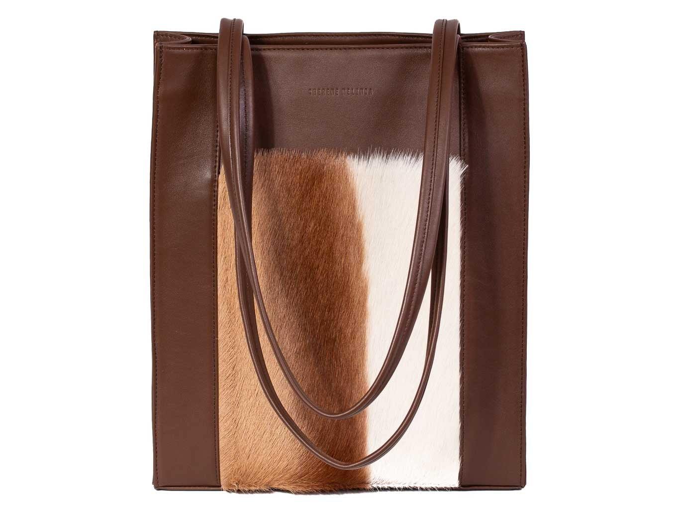 Tote Springbok Handbag in Cocoa Brown with a stripe feature by Sherene Melinda front handle