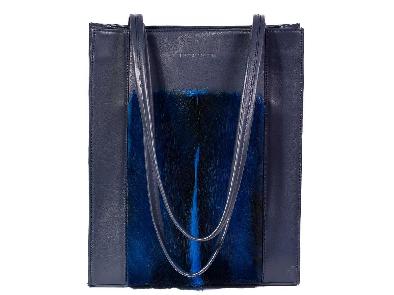 Tote Springbok Handbag in Navy Blue with a fan feature by Sherene Melinda front handle