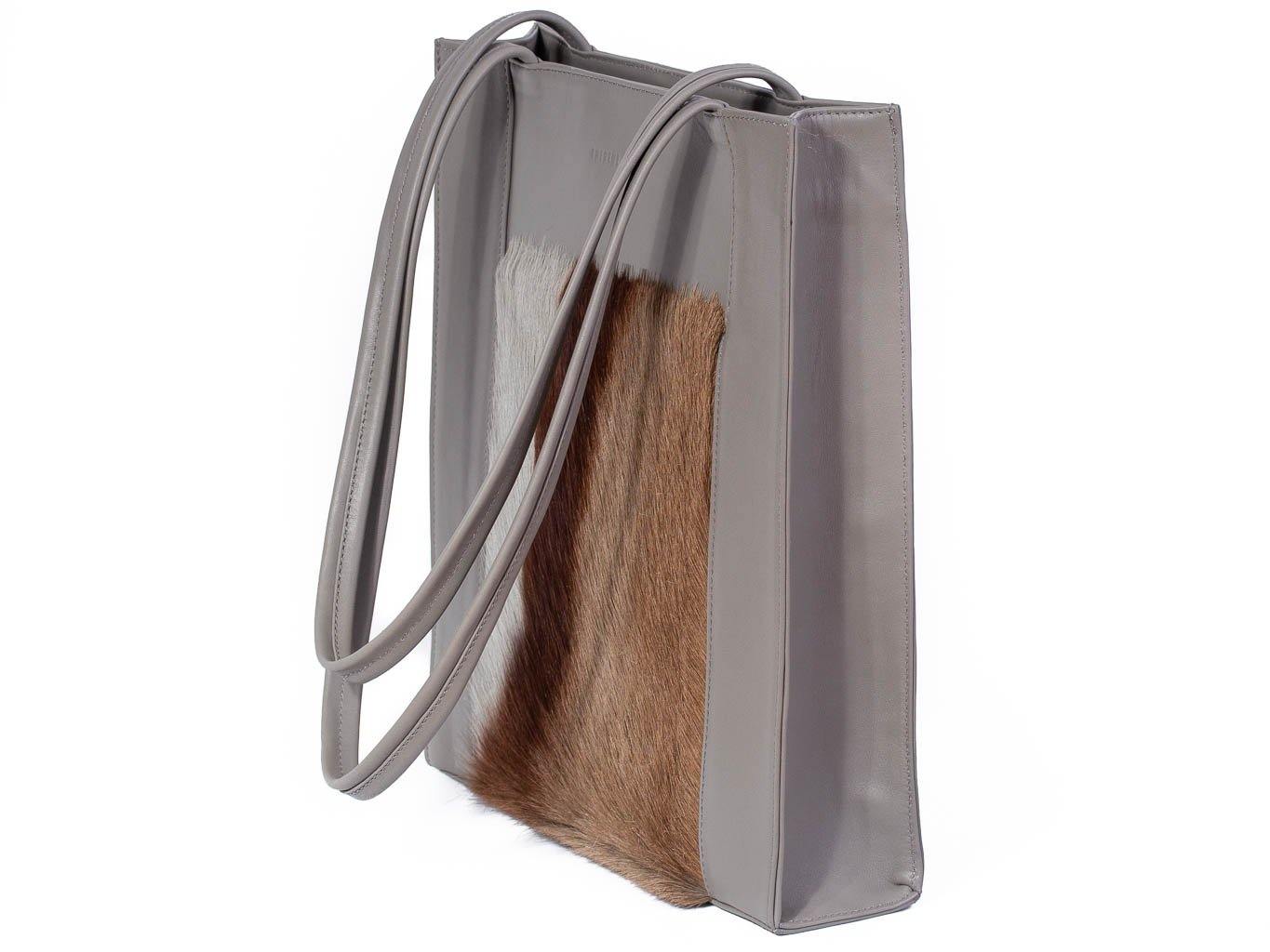 Tote Springbok Handbag in Slate Grey with a stripe feature by Sherene Melinda side angle strap