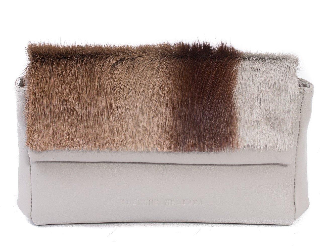 sherene melinda springbok hair-on-hide earth leather Sophy SS18 Clutch Bag stripe front strap