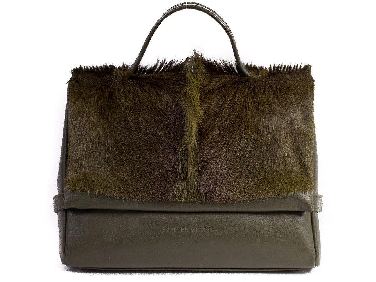 sherene melinda springbok hair-on-hide green leather smith tote bag Fan front
