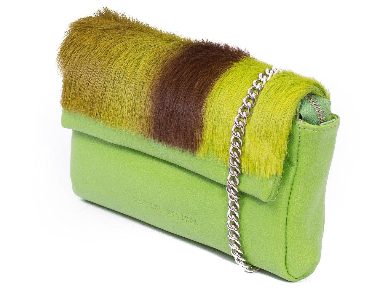 sherene melinda springbok hair-on-hide lime green leather Sophy SS18 Clutch Bag Stripe side angle strap