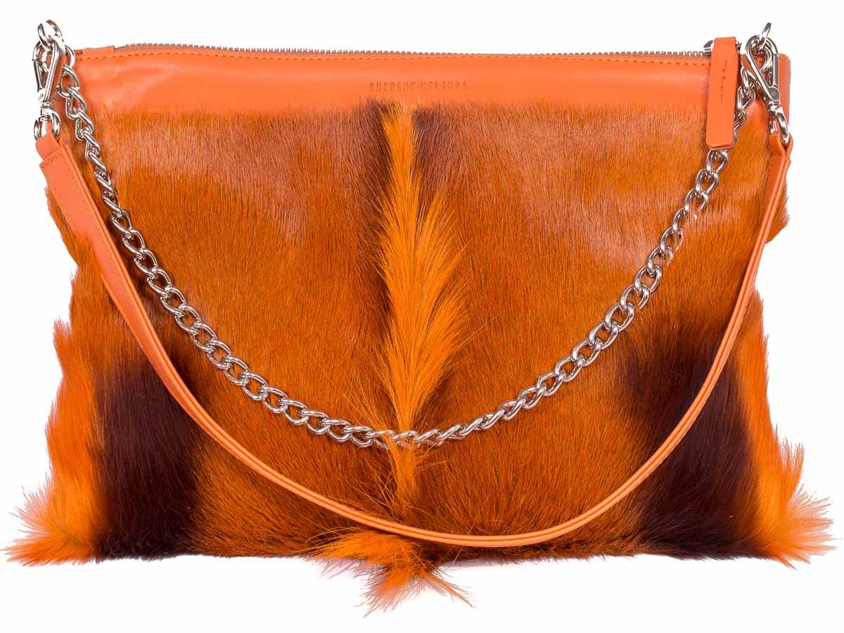 Multiway Springbok Handbag in Orange with a Fan by Sherene Melinda Front Strap