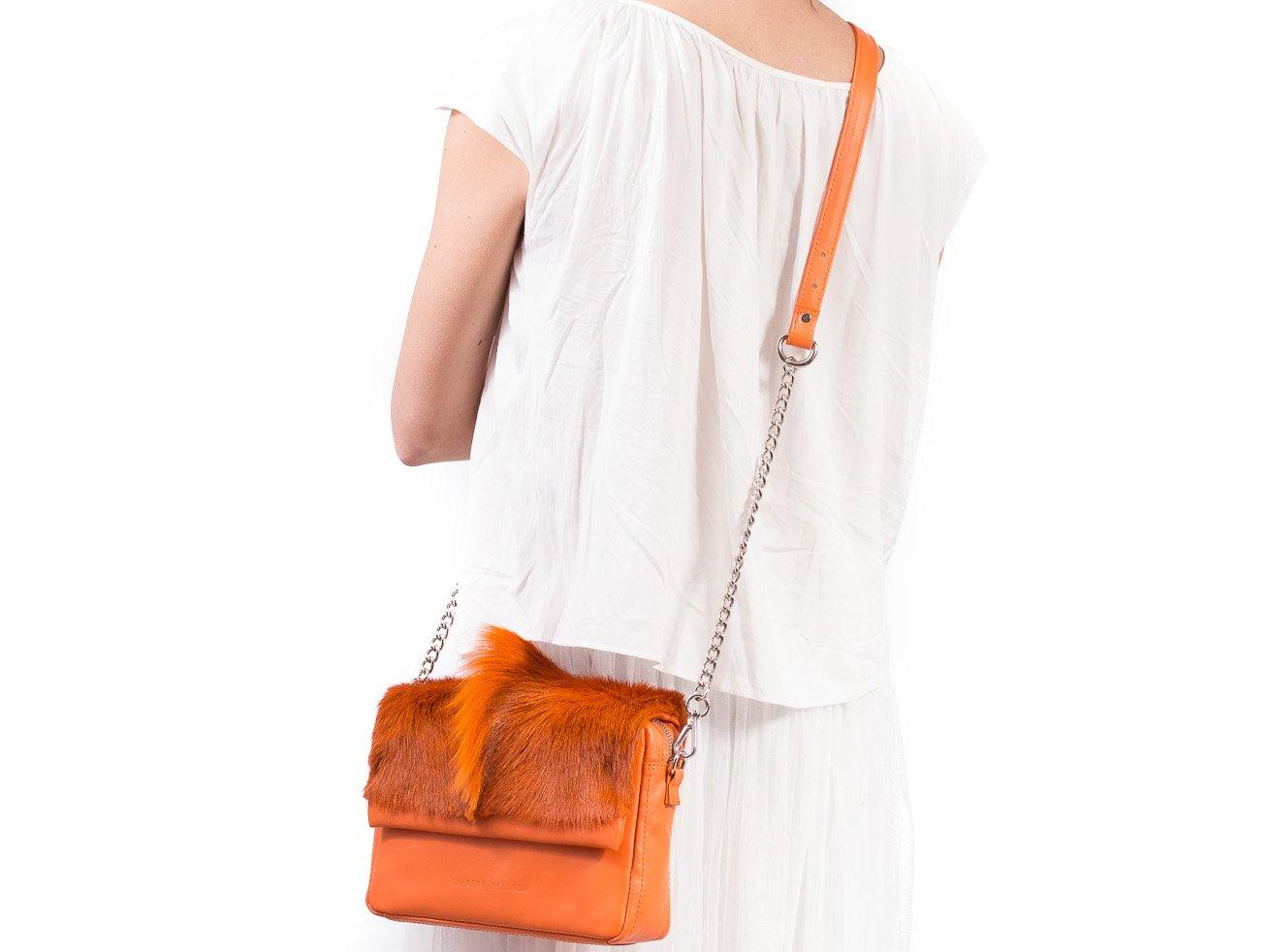 sherene melinda springbok hair-on-hide orange leather shoulder bag fan front strap