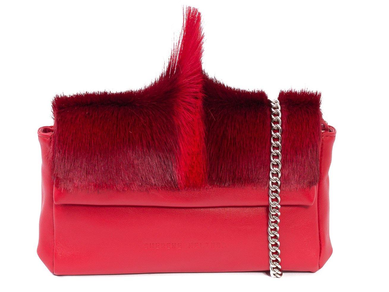 sherene melinda springbok hair-on-hide red leather Sophy SS18 Clutch Bag fan front strap