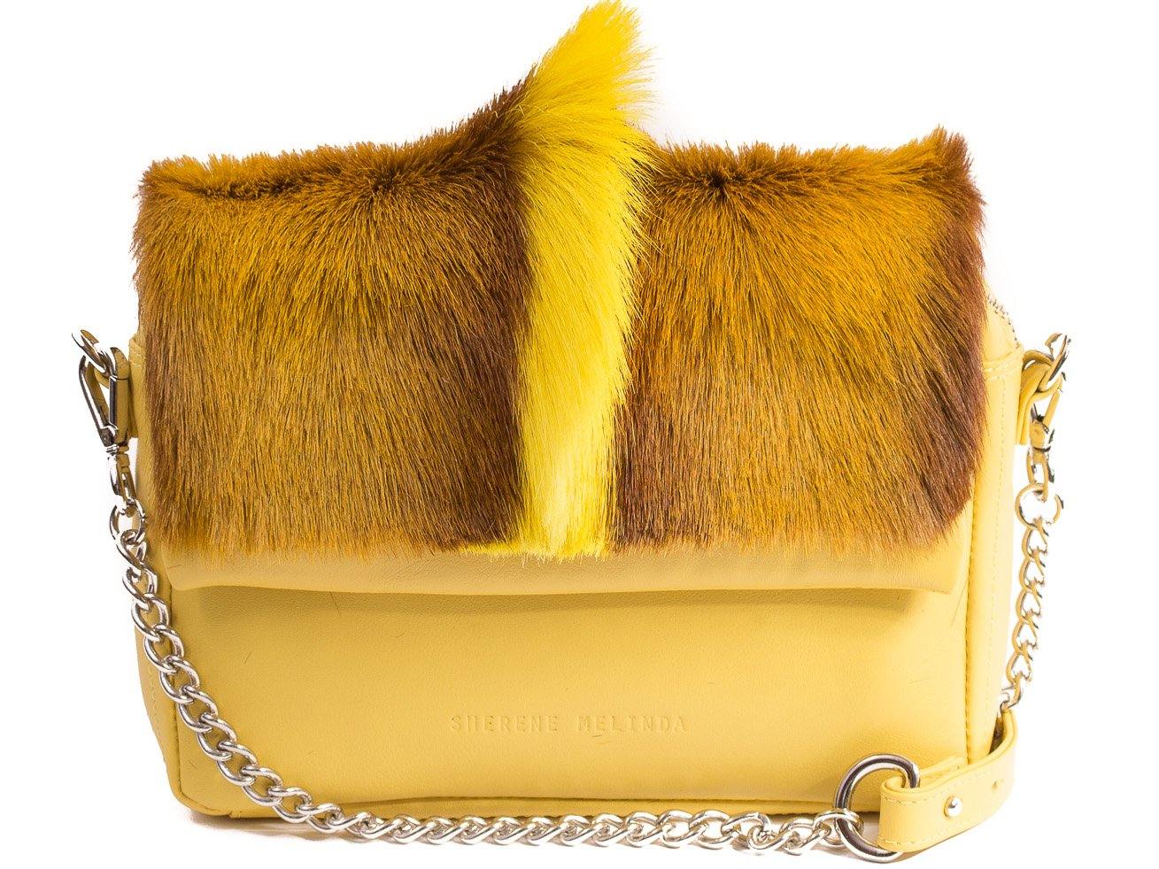 sherene melinda springbok hair-on-hide yellow leather shoulder bag fan front strap