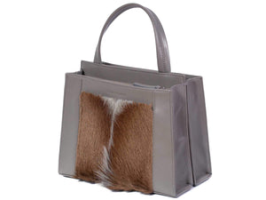 Top Handle Springbok Handbag in Slate Grey with a fan feature