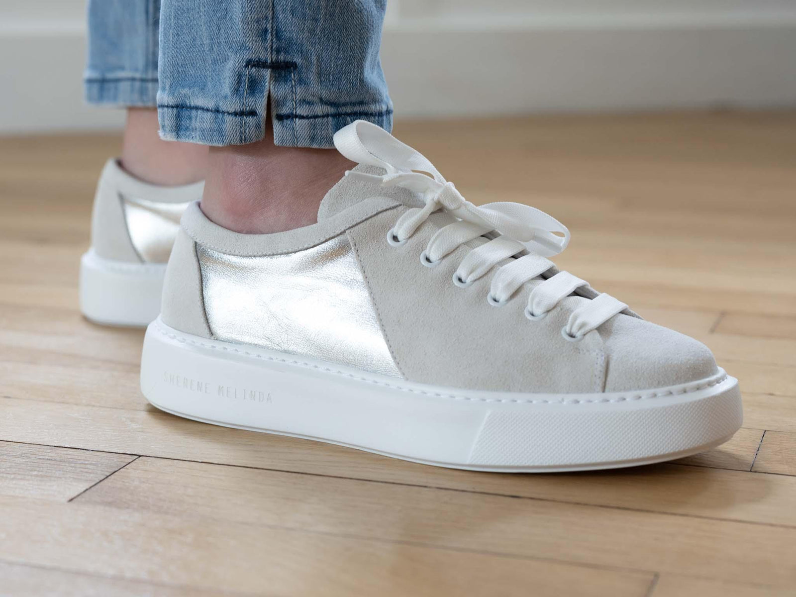 Silver Leather Feature with White Suede Trainer