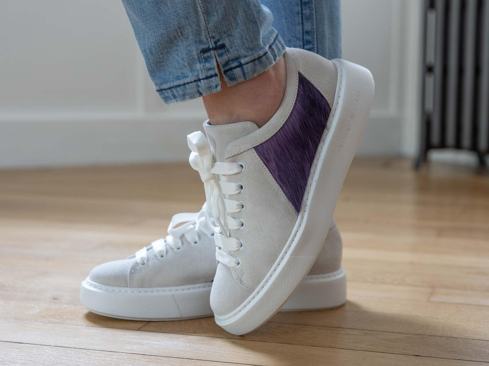 Purple Hair-on-hide Trainer Model 001 with White Suede
