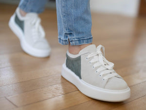 Dusty Baby Blue Hair-on-hide Trainer Model 001 in White Suede