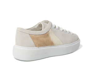 Beige Stripe Hair-on-hide Trainer Model 001 in White Suede Leather