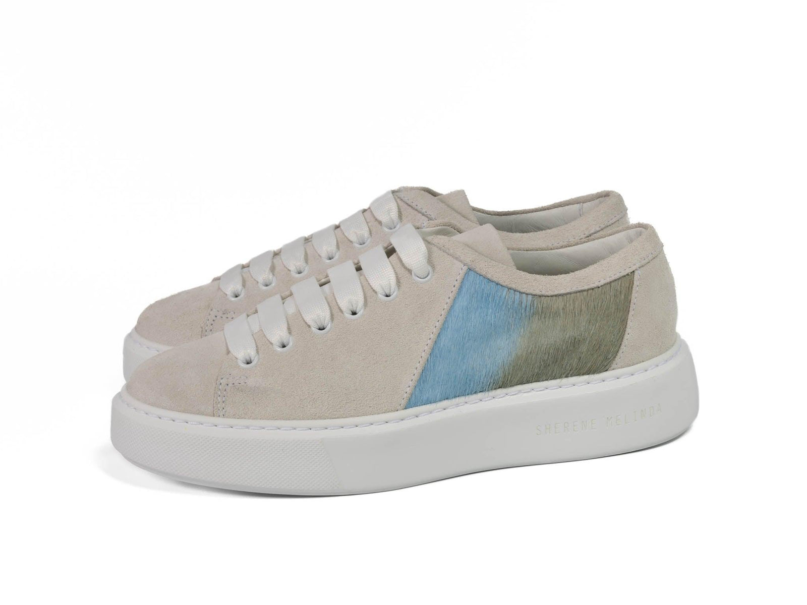 Baby Blue Stripe Hair-on-hide Trainer Model 001 in White Suede