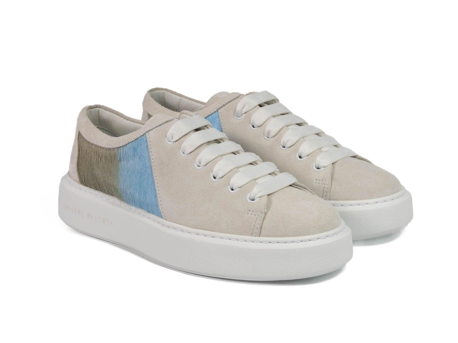 Baby Blue Stripe Hair-on-hide Trainer Model 001 in White Suede