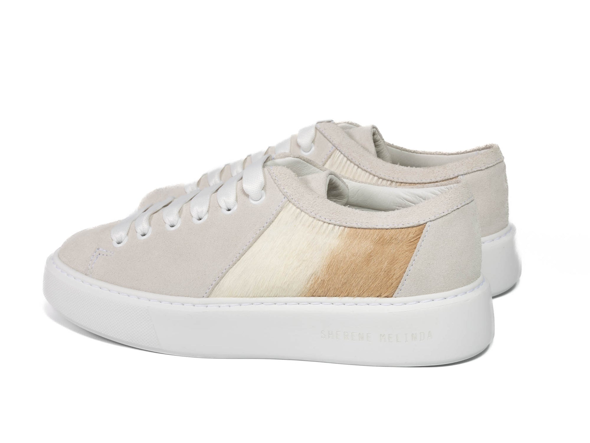 Beige Stripe Hair-on-hide Trainer Model 001 in White Suede Leather