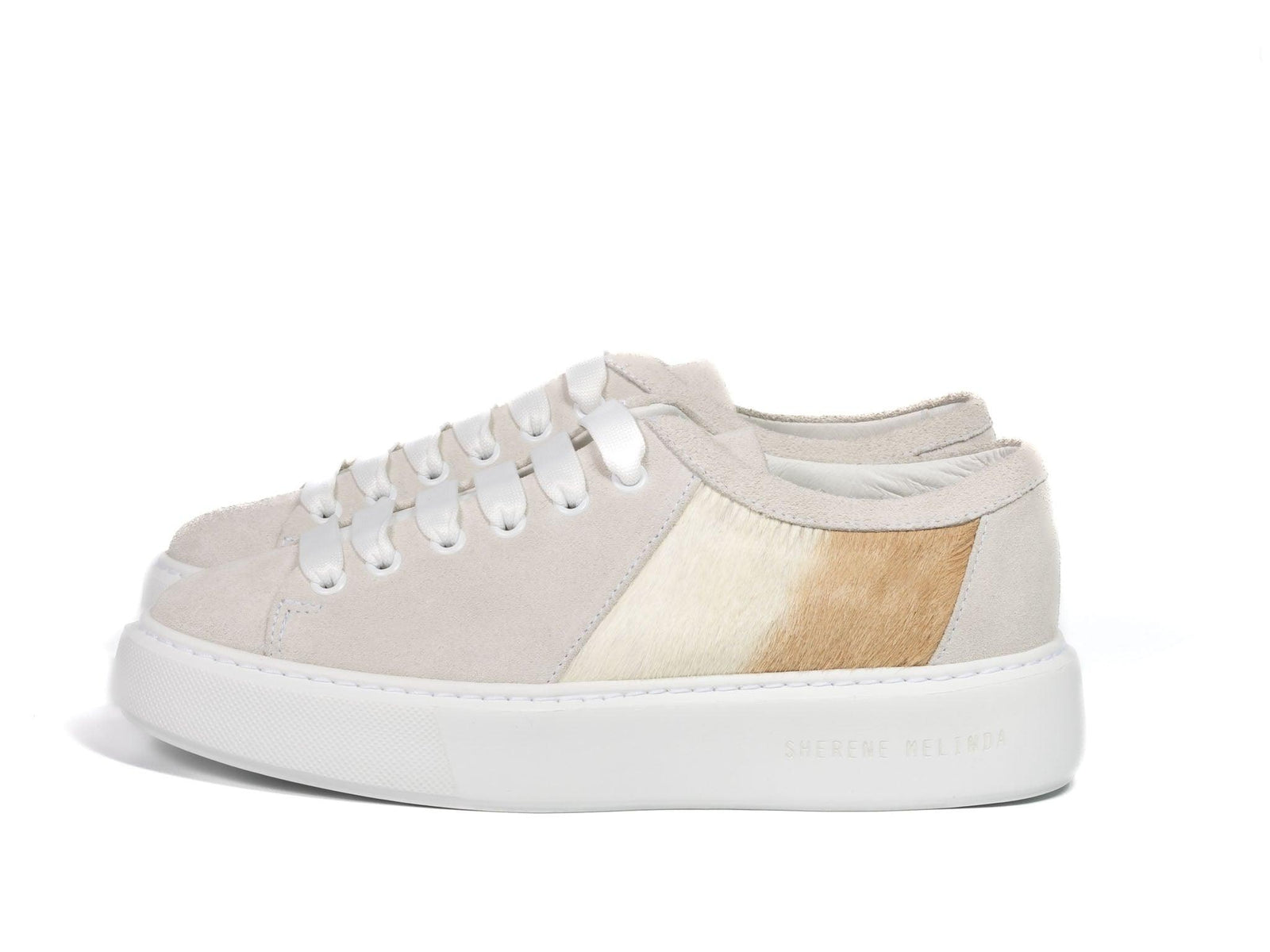 Beige Stripe Hair-on-hide Trainer with White Suede Leather