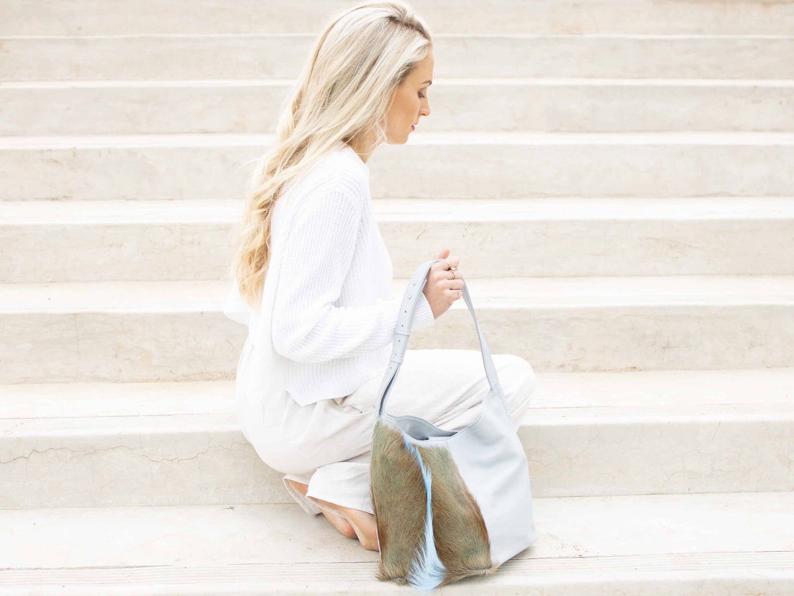 Hobo Springbok Handbag in Baby Blue with a Fan by Sherene Melinda Fan Front