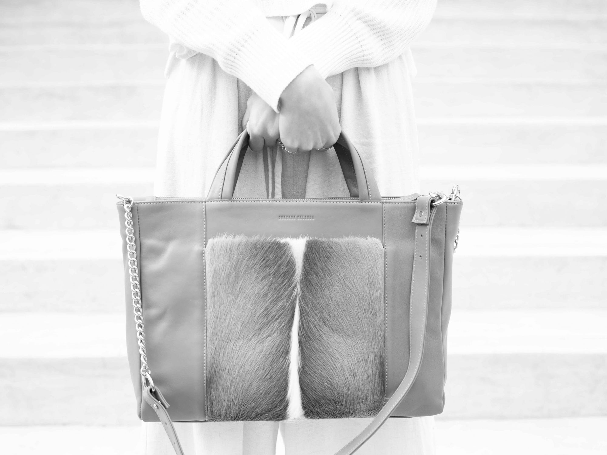 Tote Springbok Handbag in Black by Sherene Melinda Front Strap
