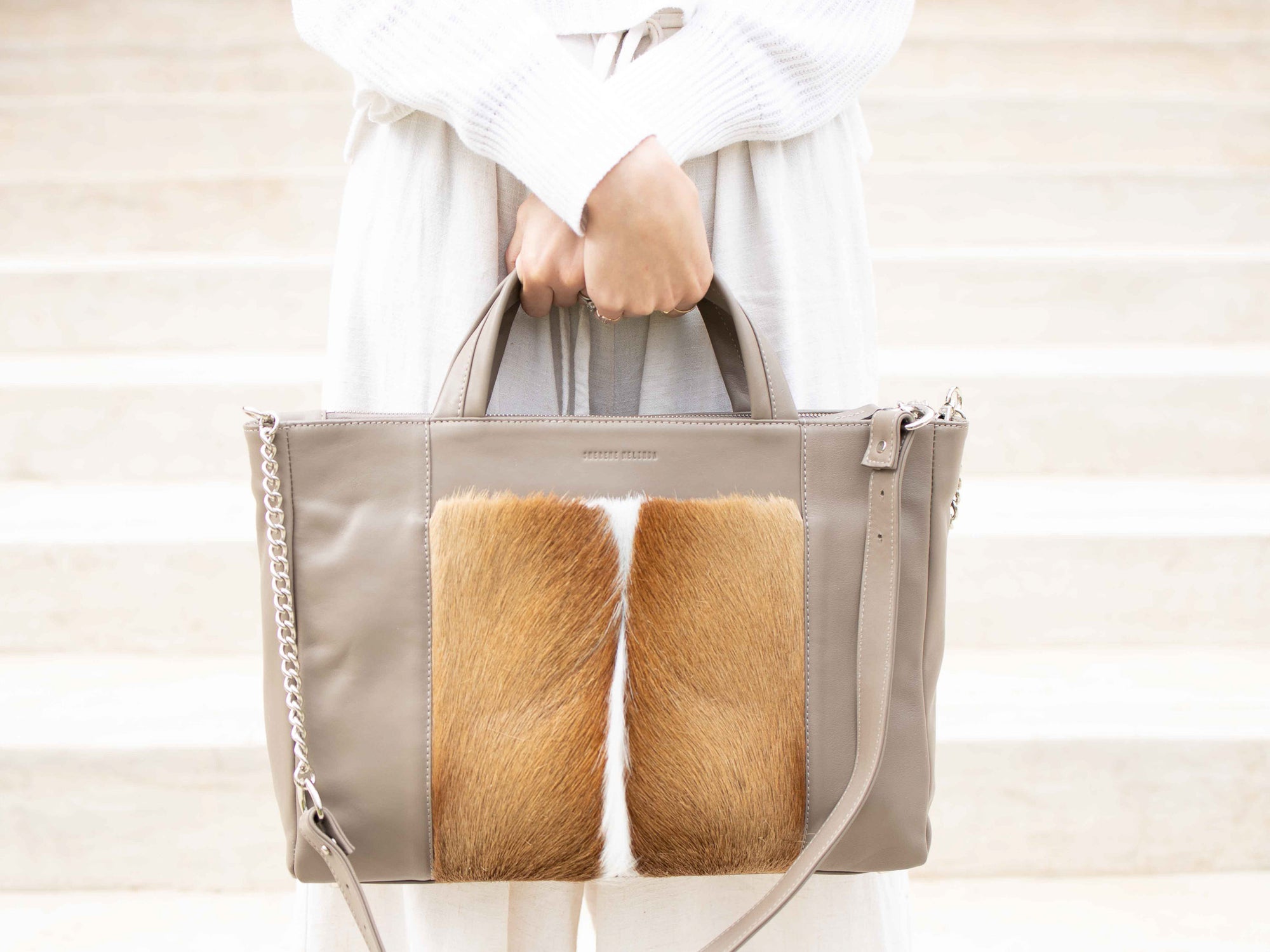 Tote Springbok Handbag in Winter with a Stripe by Sherene Melinda Front Strap