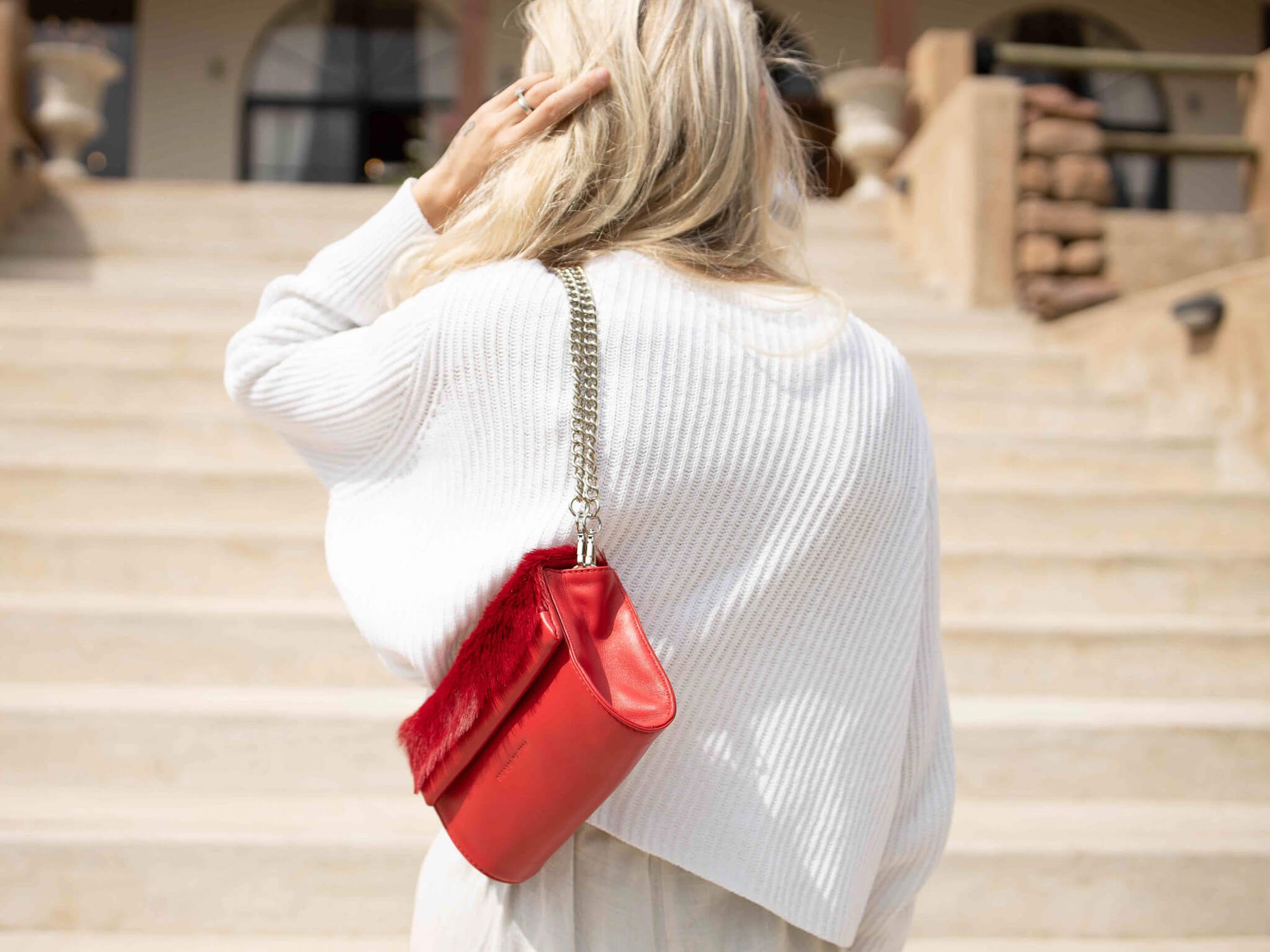 Mini Springbok Handbag in Red with a Fan by Sherene Melinda Side Angle Strap