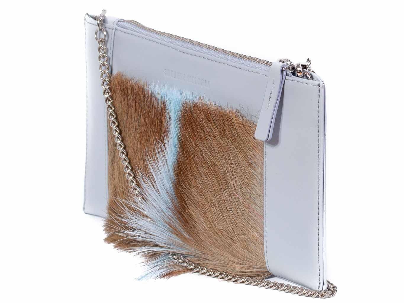 Clutch Springbok Handbag in Baby Blue with a fan feature by Sherene Melinda front angle strap