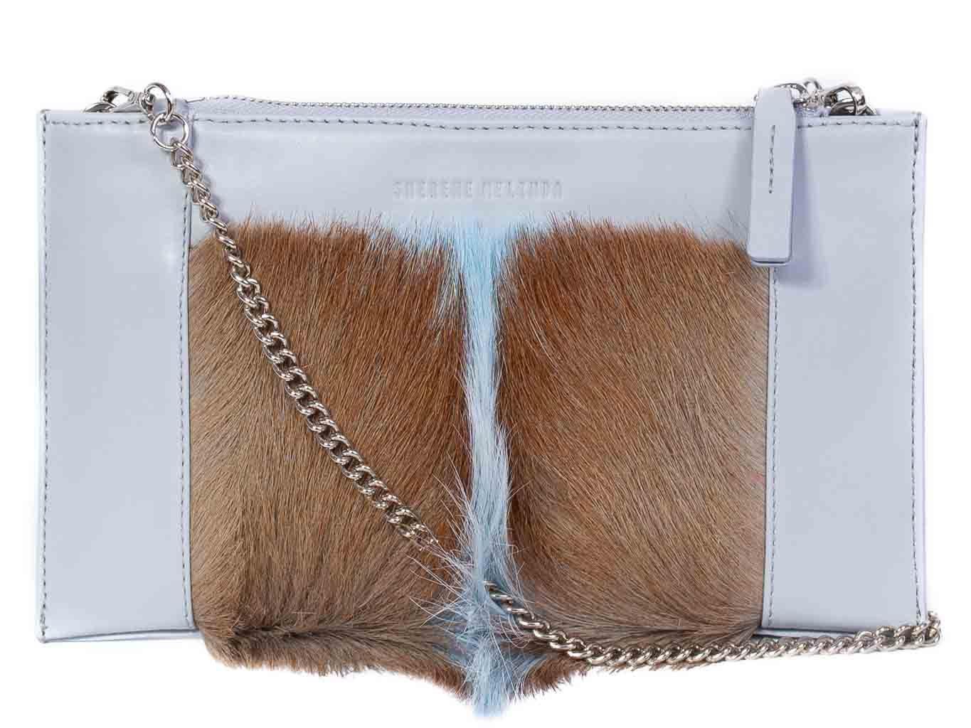 Clutch Springbok Handbag in Baby Blue with a fan feature by Sherene Melinda front strap