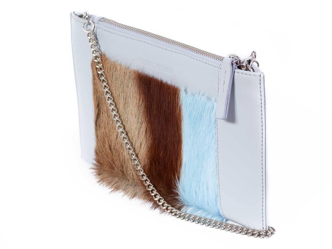 Clutch Springbok Handbag in Baby Blue with a stripe feature by Sherene Melinda front strap