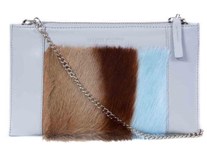Clutch Springbok Handbag in Baby Blue with a stripe feature by Sherene Melinda front strap
