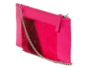 Clutch Springbok Handbag in Fuchsia with a stripe feature by Sherene Melinda front angle strap