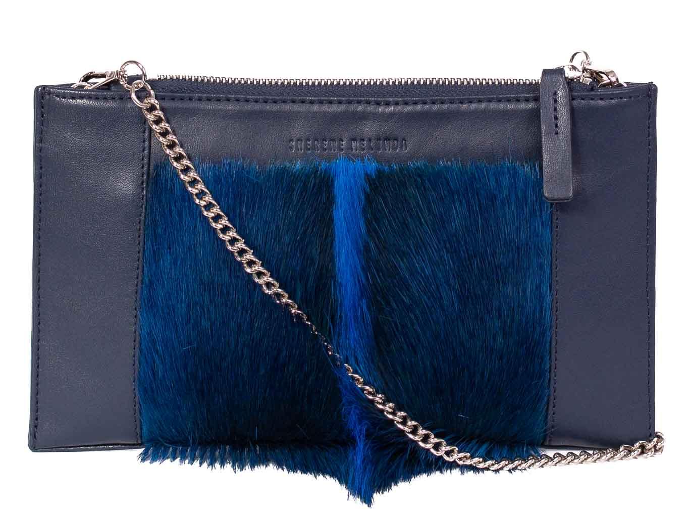 Clutch Springbok Handbag in Navy Blue with a fan feature by Sherene Melinda front strap