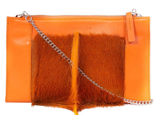 Clutch Springbok Handbag in Orange with a fan feature by Sherene Melinda front strap