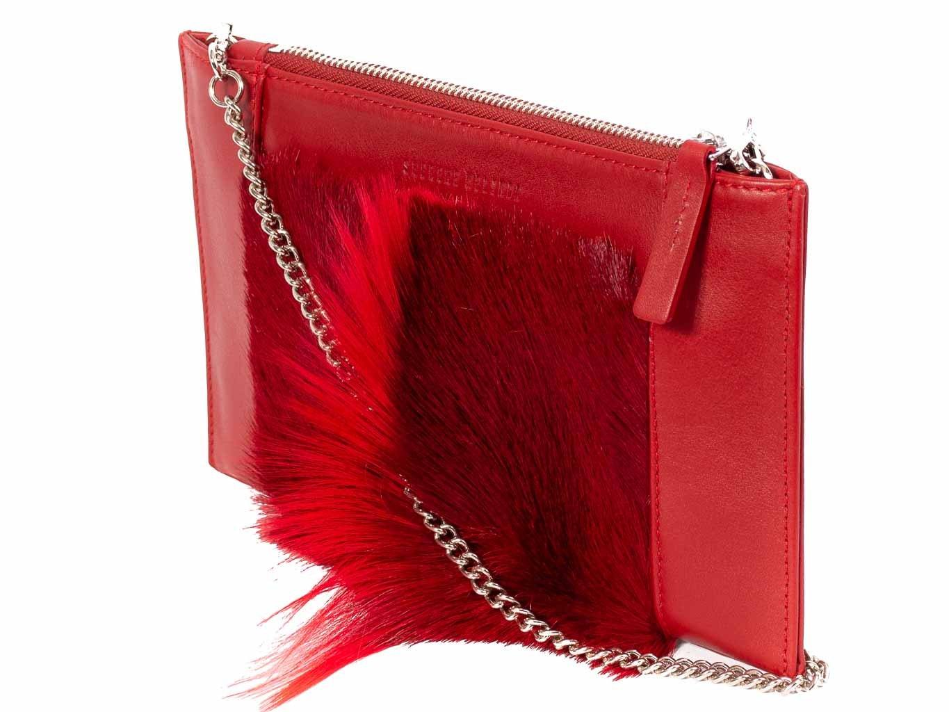 Clutch Springbok Handbag in Crimson Red with a fan feature by Sherene Melinda front strap