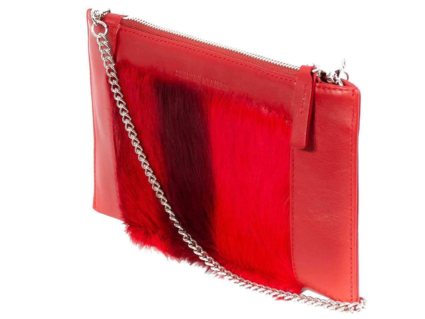 Clutch Springbok Handbag in Crimson Red with a stripe feature by Sherene Melinda side angle strap