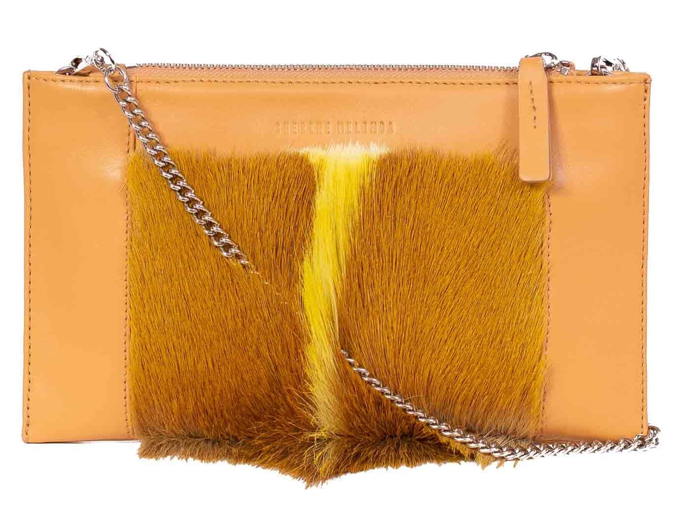 Clutch Springbok Handbag in Sunflower Yellow with a fan feature by Sherene Melinda front strap