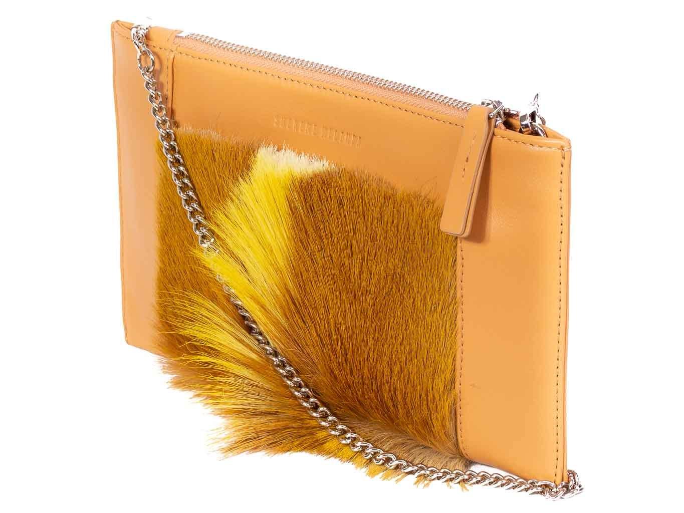 Clutch Springbok Handbag in Sunflower Yellow with a fan feature by Sherene Melinda side angle strap