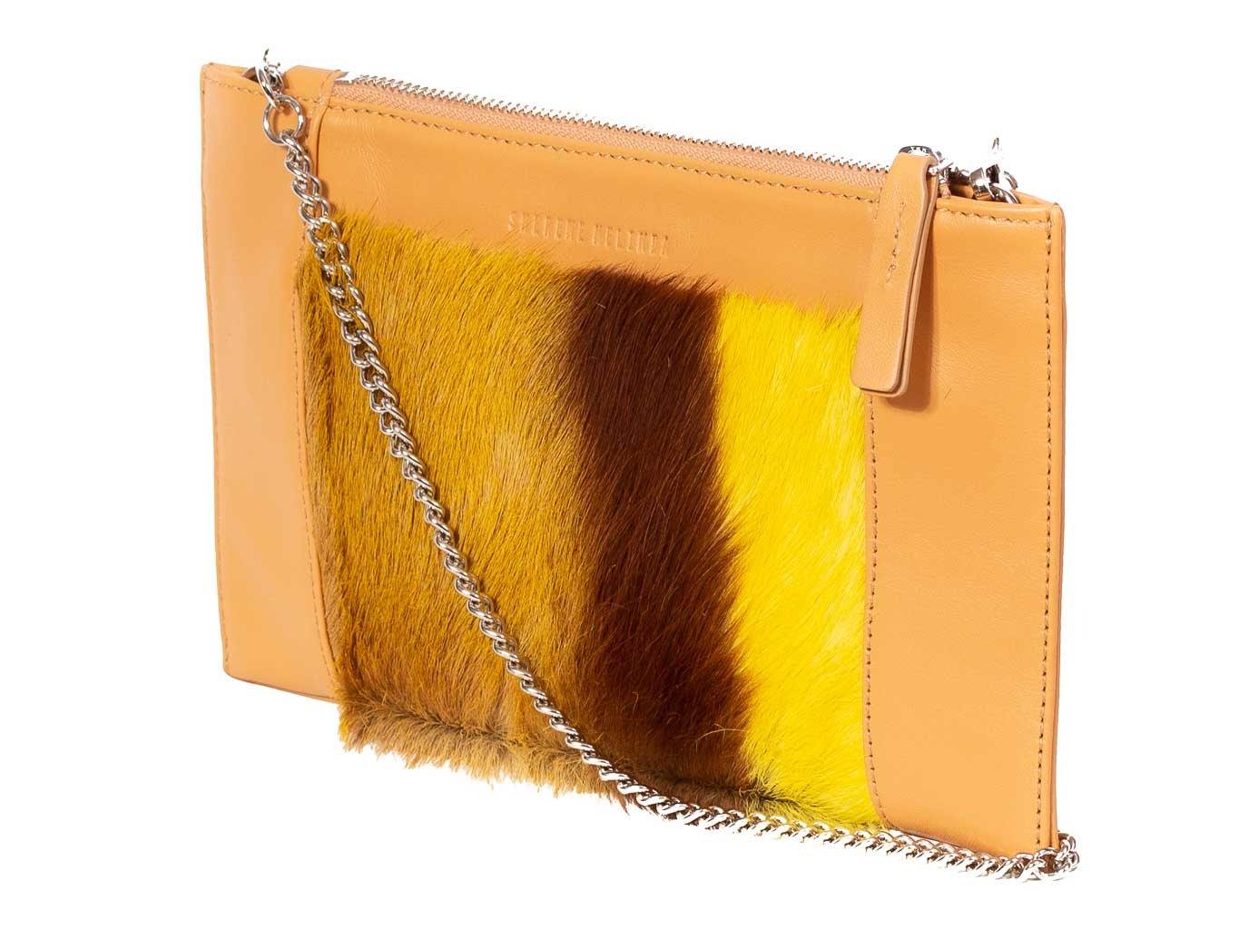Clutch Springbok Handbag in Sunflower Yellow with a stripe feature by Sherene Melinda front strap