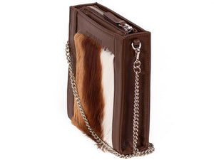 Messenger Springbok Handbag in Cocoa Brown with a stripe feature by Sherene Melinda side angle