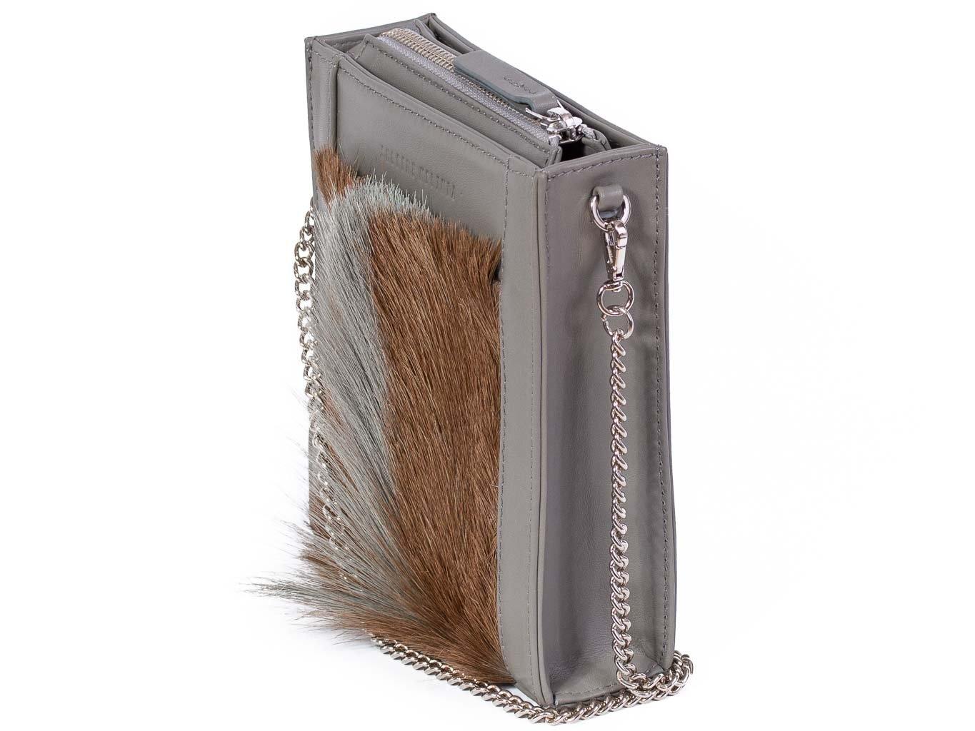 Messenger Springbok Handbag in Slate Grey with a fan feature by Sherene Melinda front strap