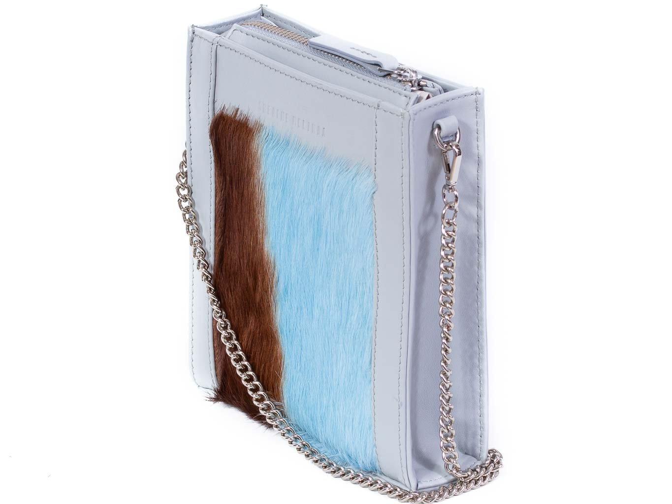 Messenger Springbok Handbag in Baby Blue with a stripe feature by Sherene Melinda side angle