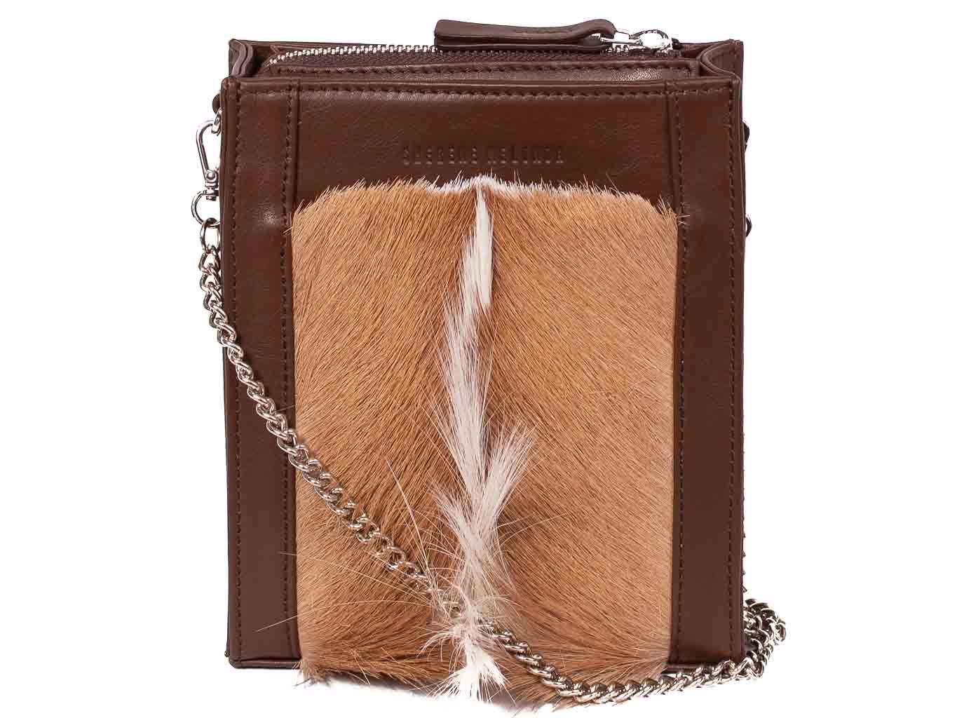 Messenger Springbok Handbag in Cocoa Brown with a fan feature by Sherene Melinda front strap