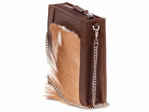 Messenger Springbok Handbag in Cocoa Brown with a fan feature by Sherene Melinda side angle strap