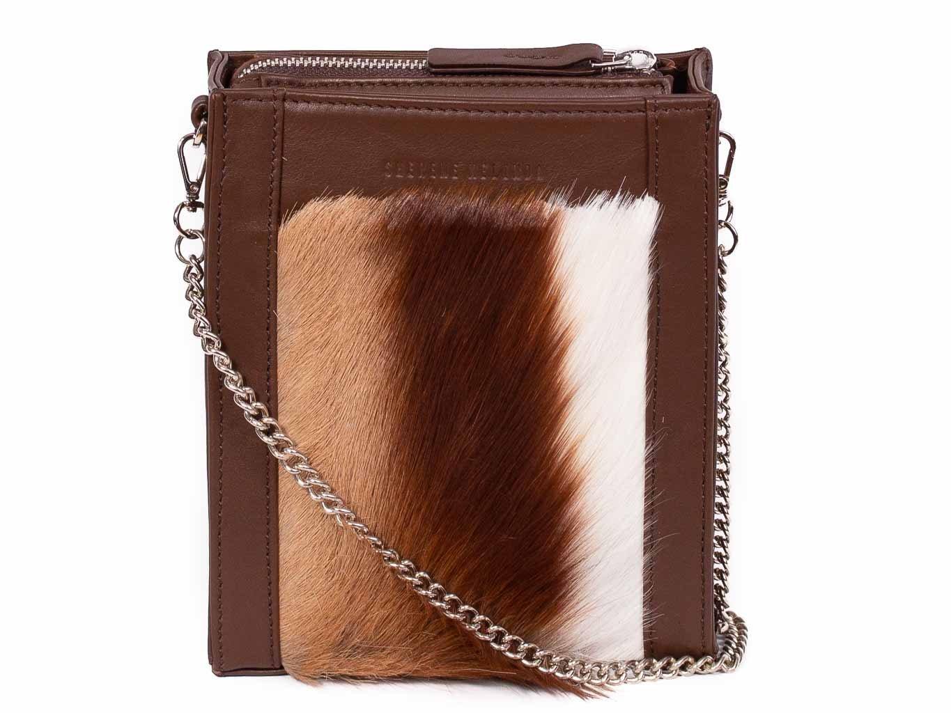 Messenger Springbok Handbag in Cocoa Brown with a stripe feature by Sherene Melinda front strap