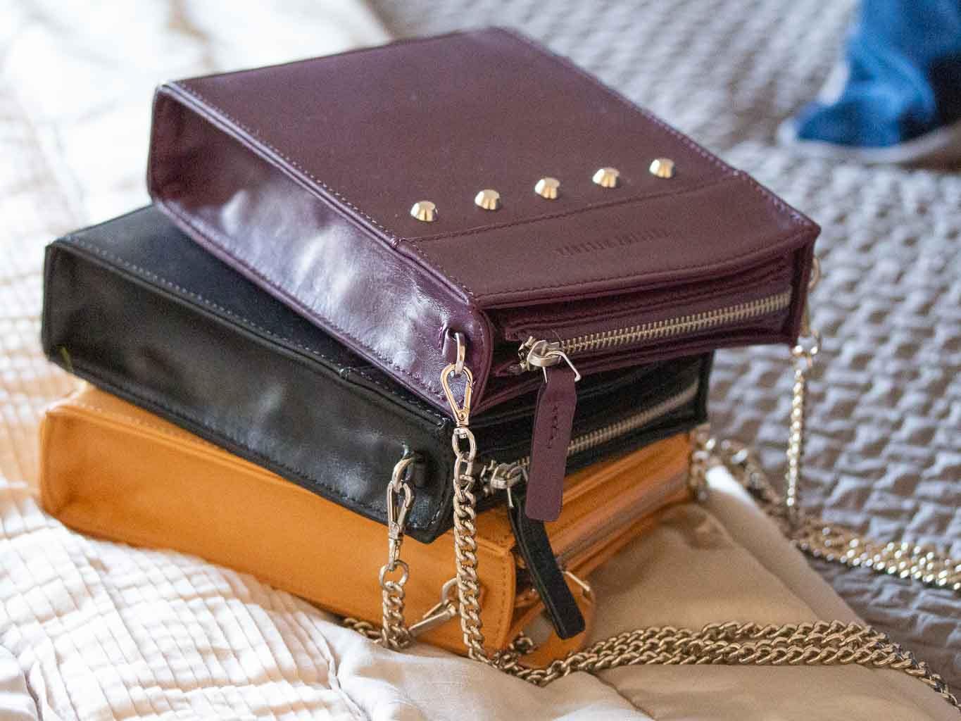 Messenger Studded Handbag in Deep Purple by Sherene Melinda side angle strap