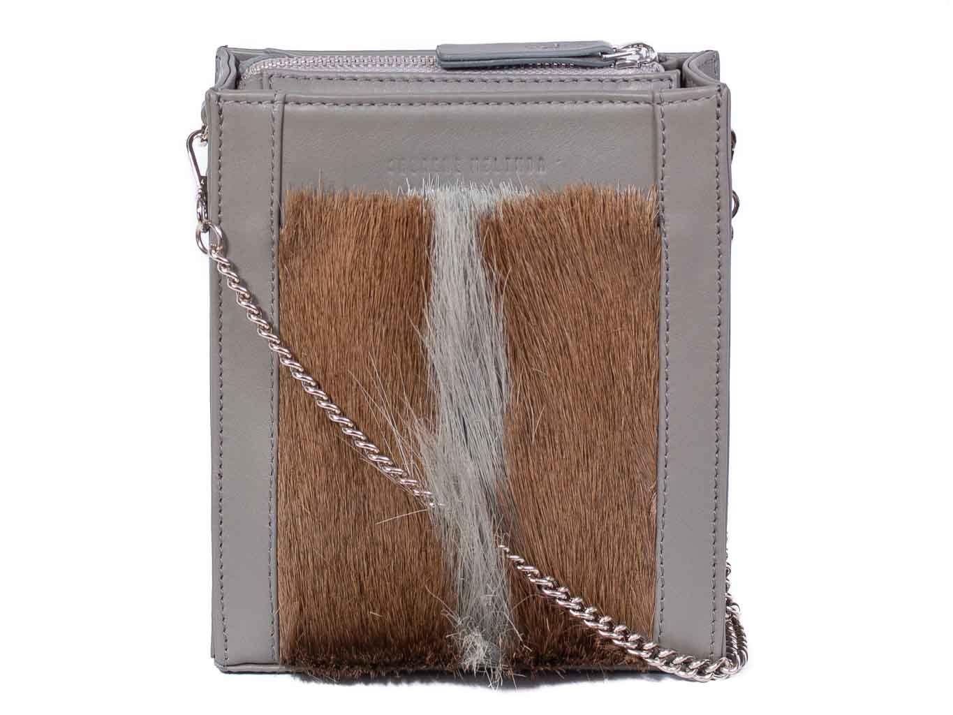 Messenger Springbok Handbag in Slate Grey with a fan feature by Sherene Melinda front strap