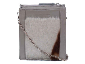Messenger Springbok Handbag in Slate Grey with a stripe feature by Sherene Melinda front strap