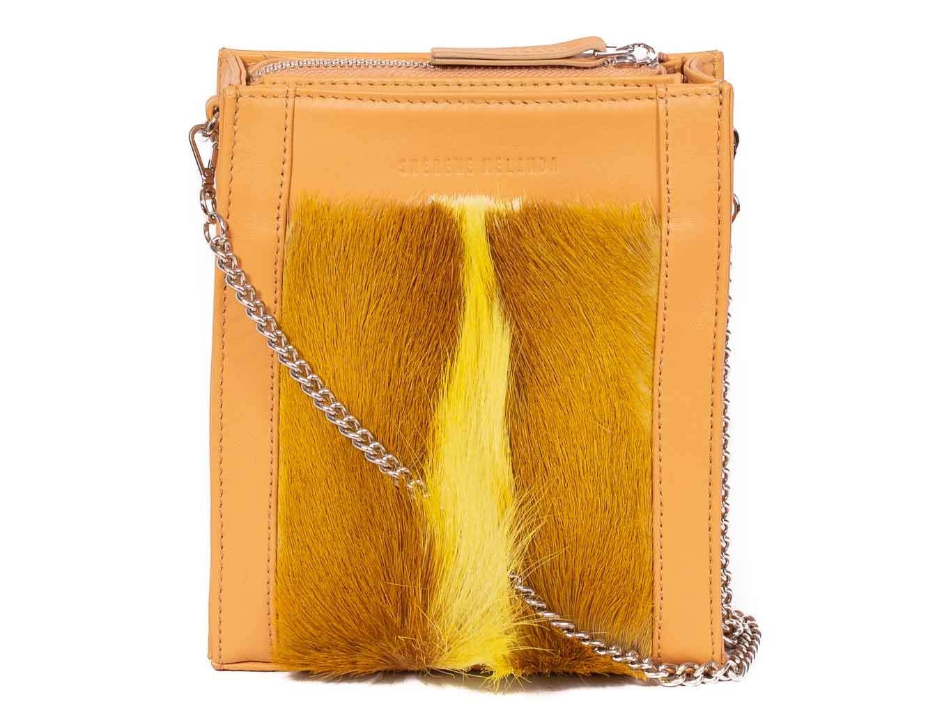 Messenger Springbok Handbag in Sunflower Yellow with a fan feature by Sherene Melinda front strap